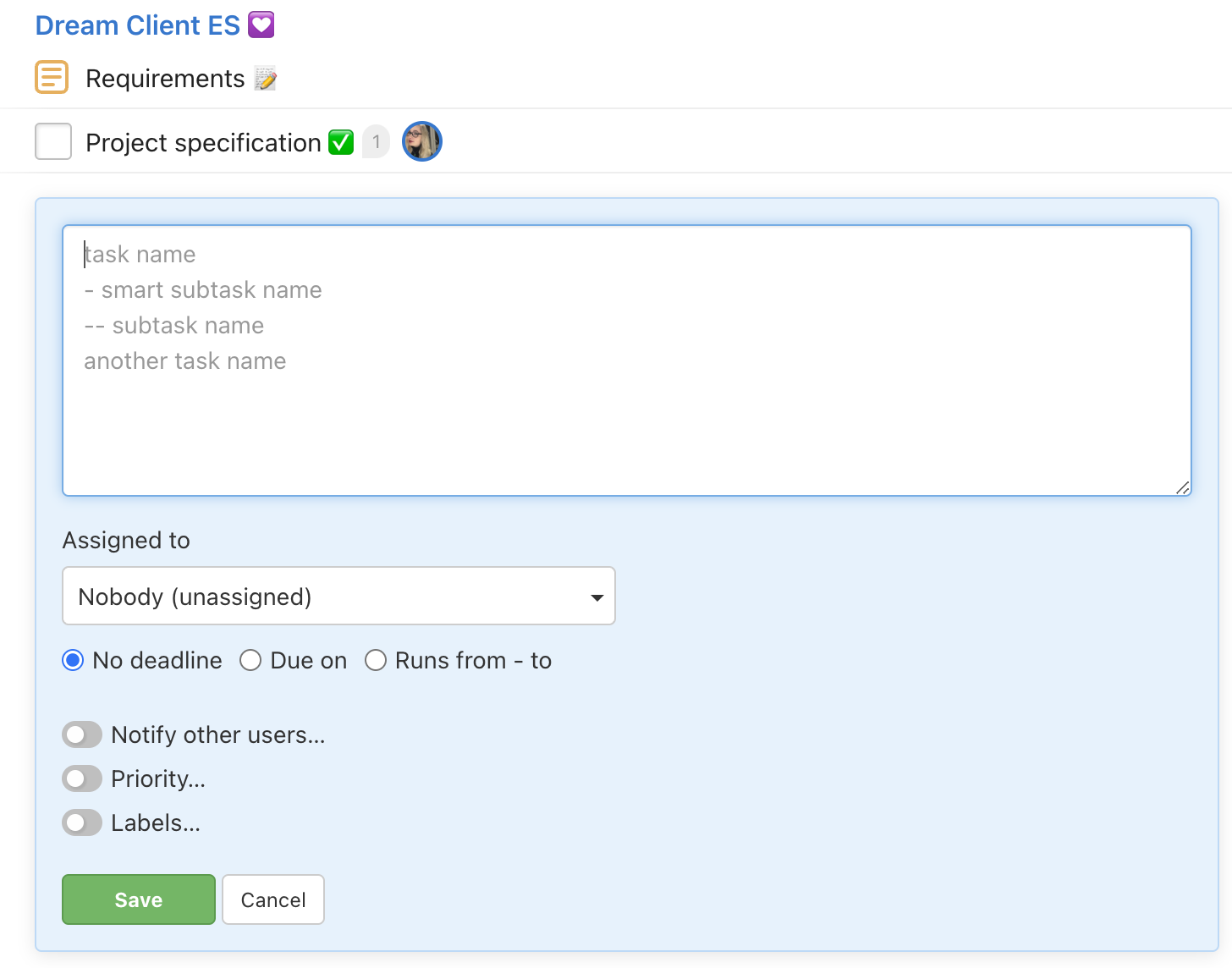 Form to add tasks and subtasks in bulk.