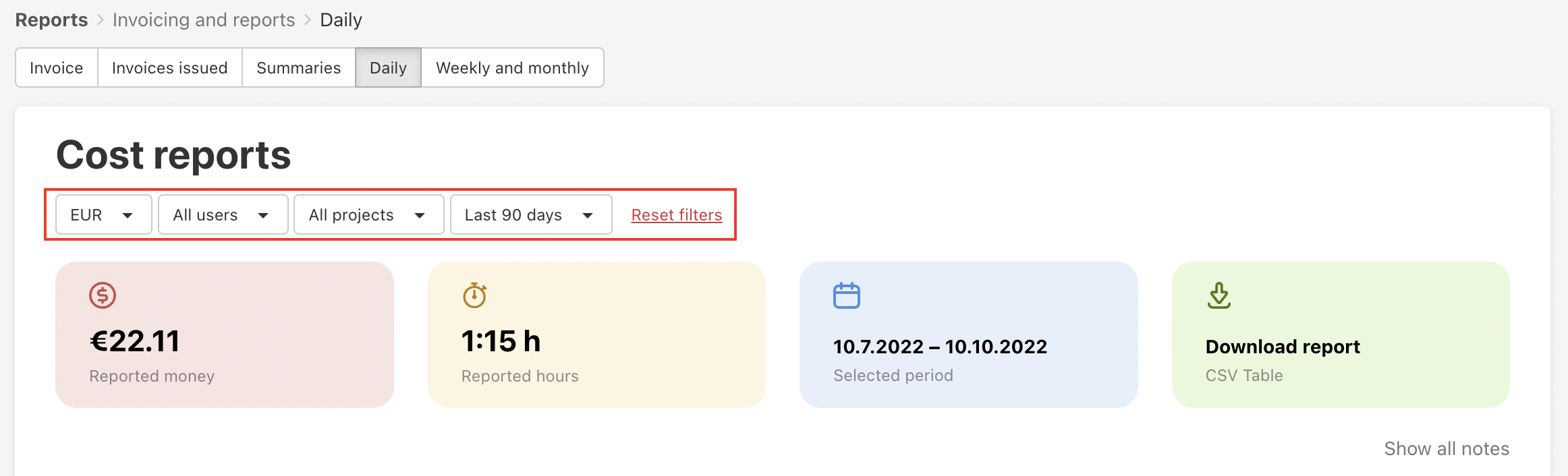 Set up filters in Cost reports.