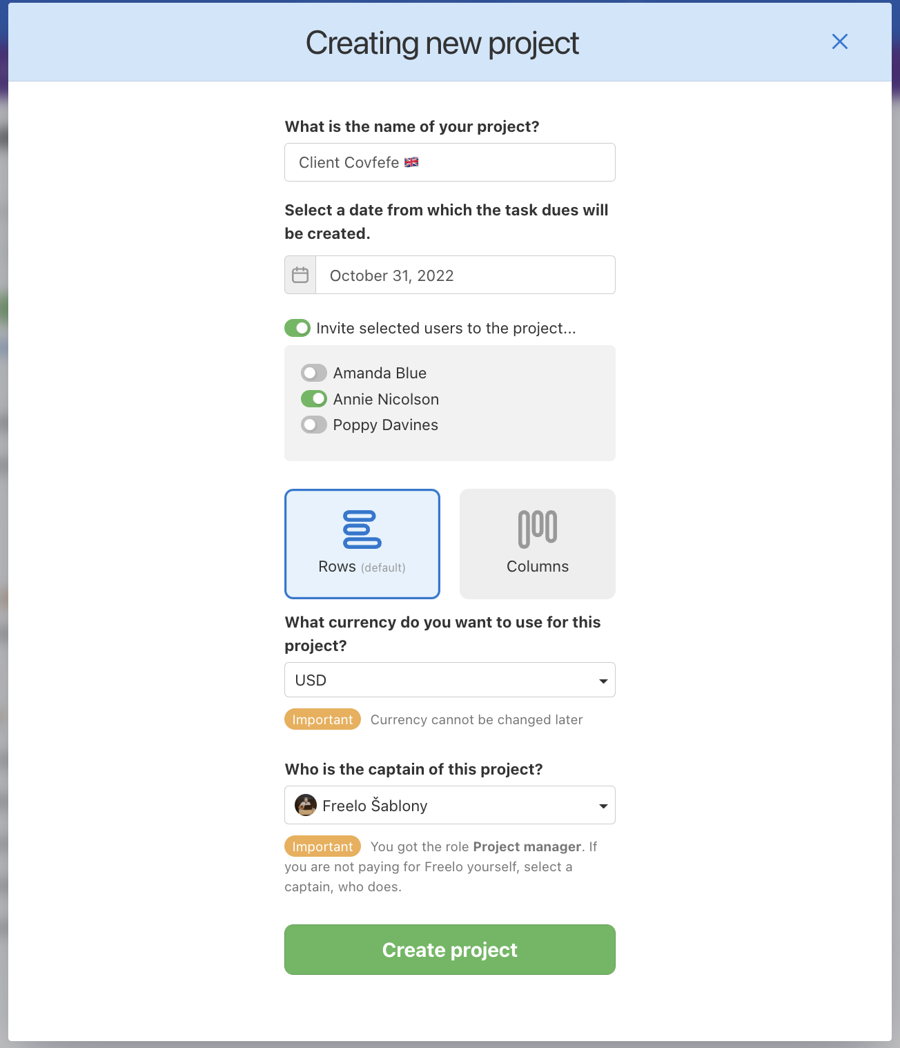 Form for creating a new project from a template.
