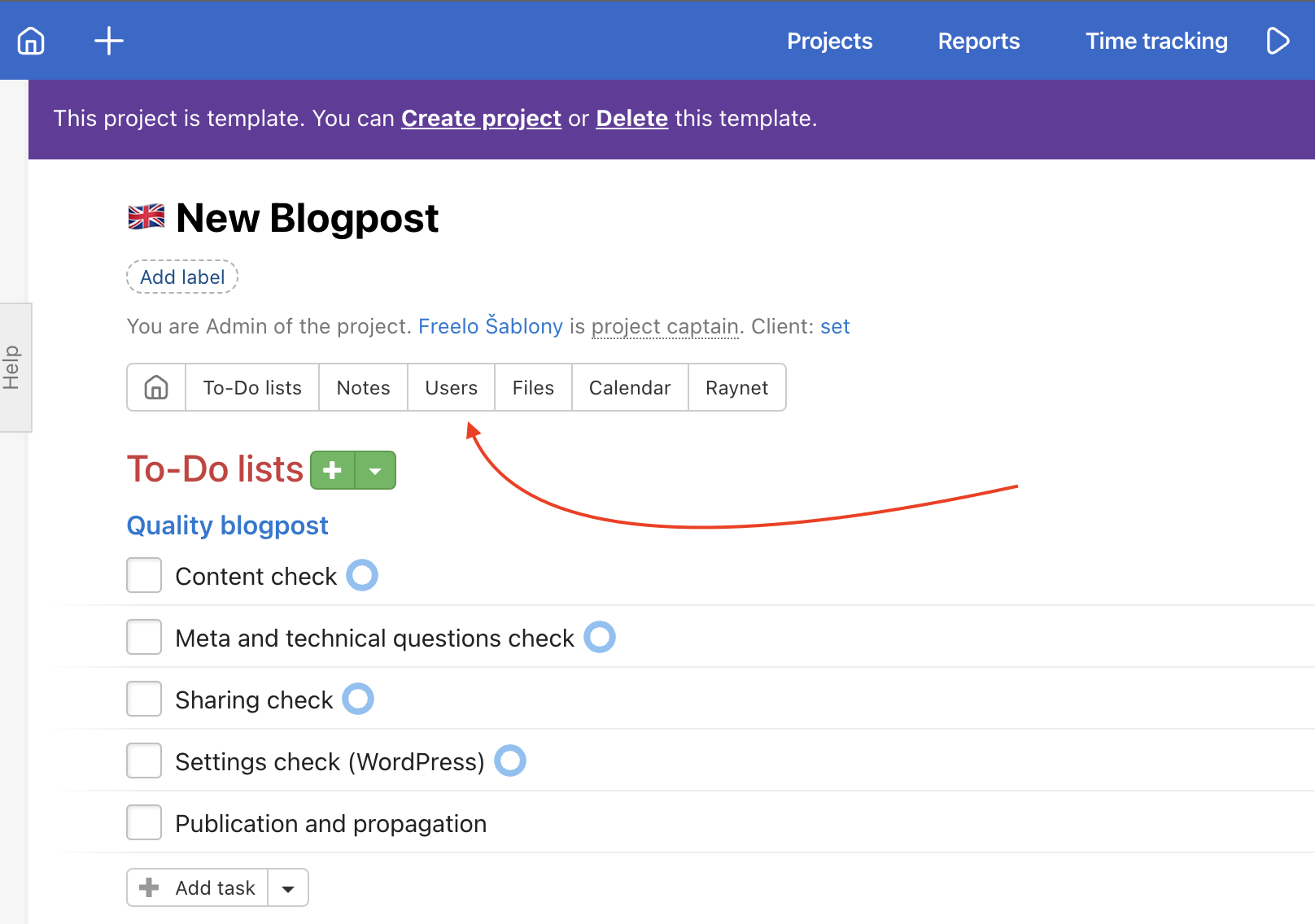 Click Users in the particular project template.