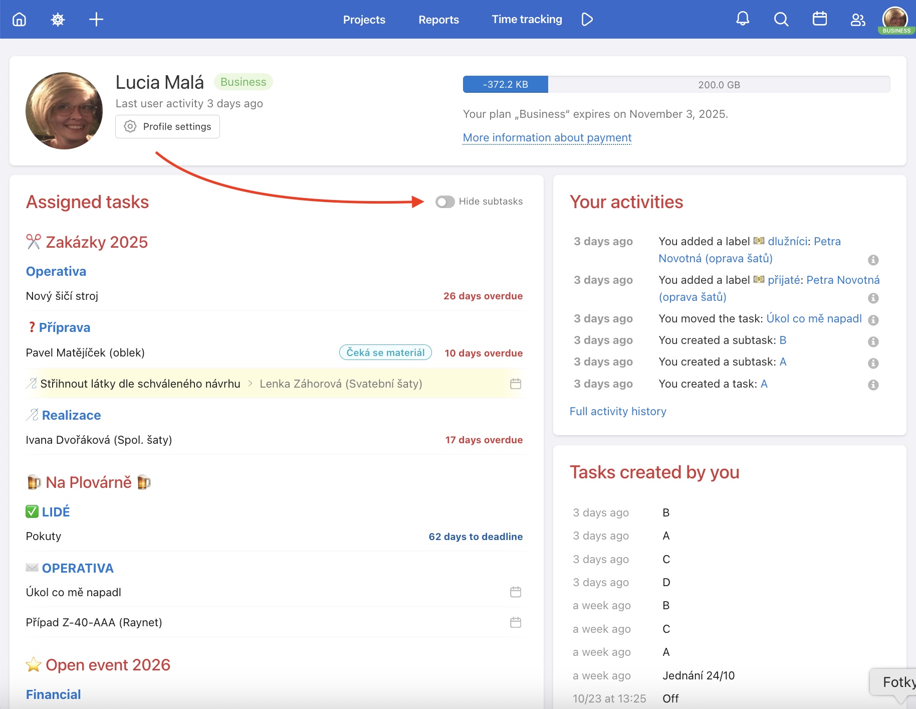 Example of how to hide subtasks.