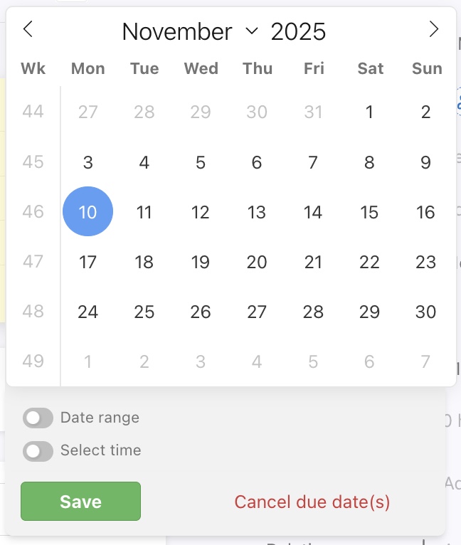Sample calendar when setting the project final date.