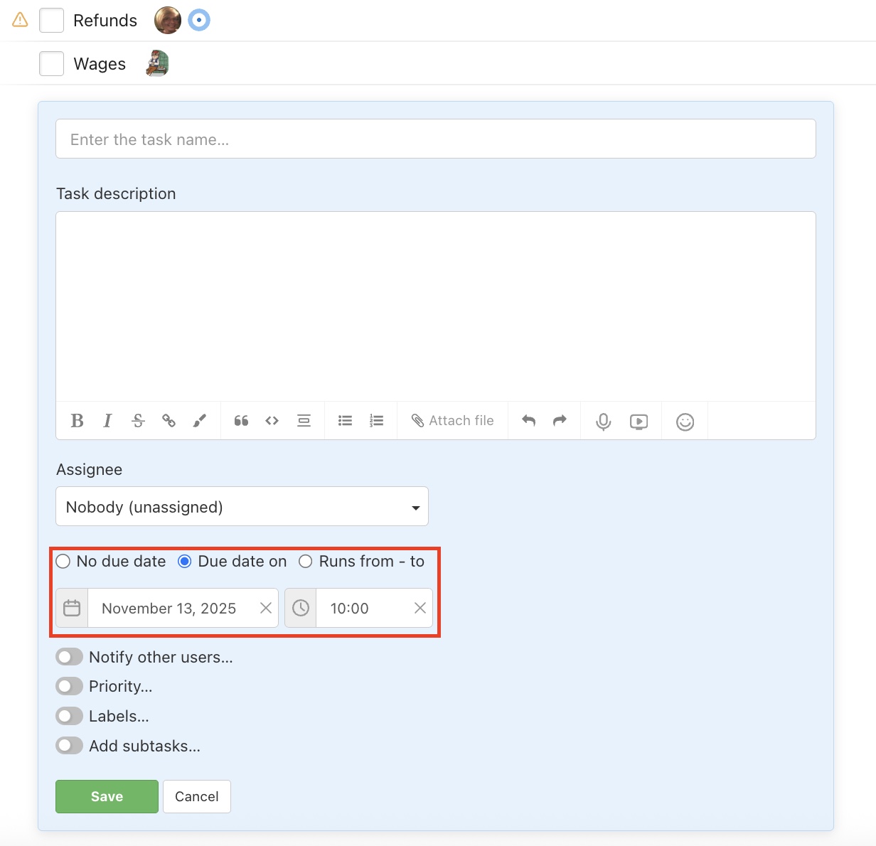How to add a due date when creating a task.