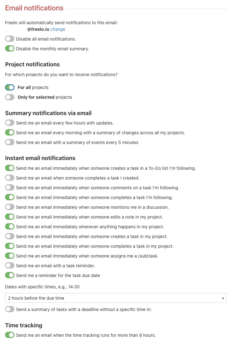 Email notification setup options.