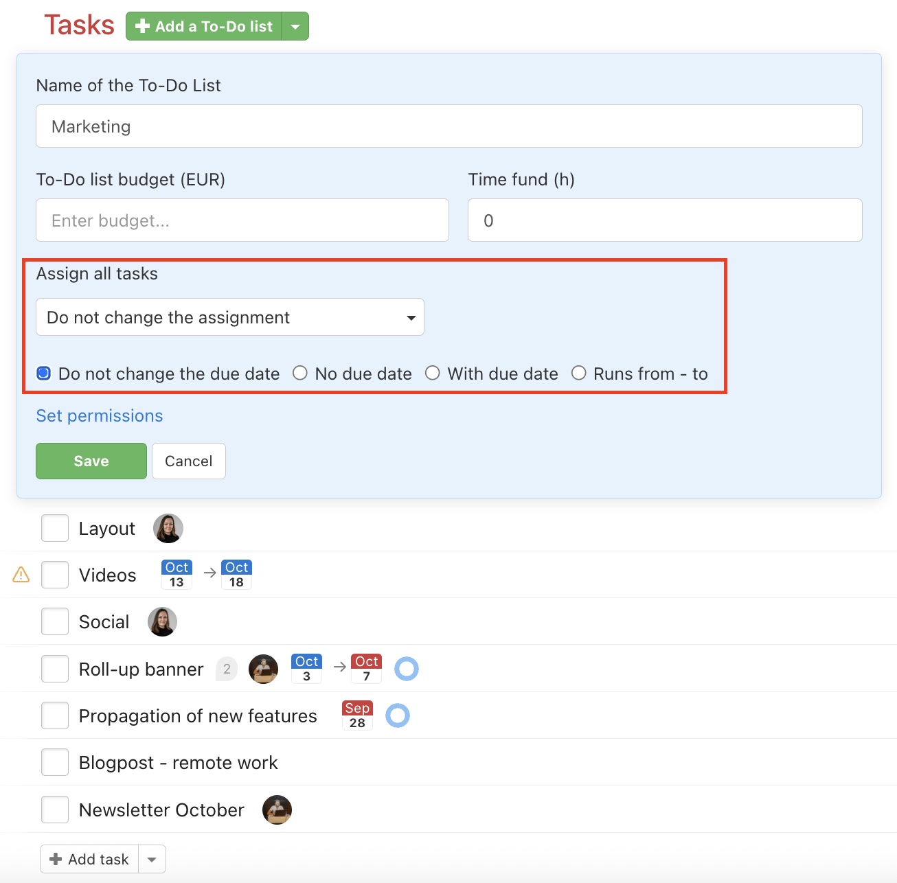 How to assign a user and set the due date.
