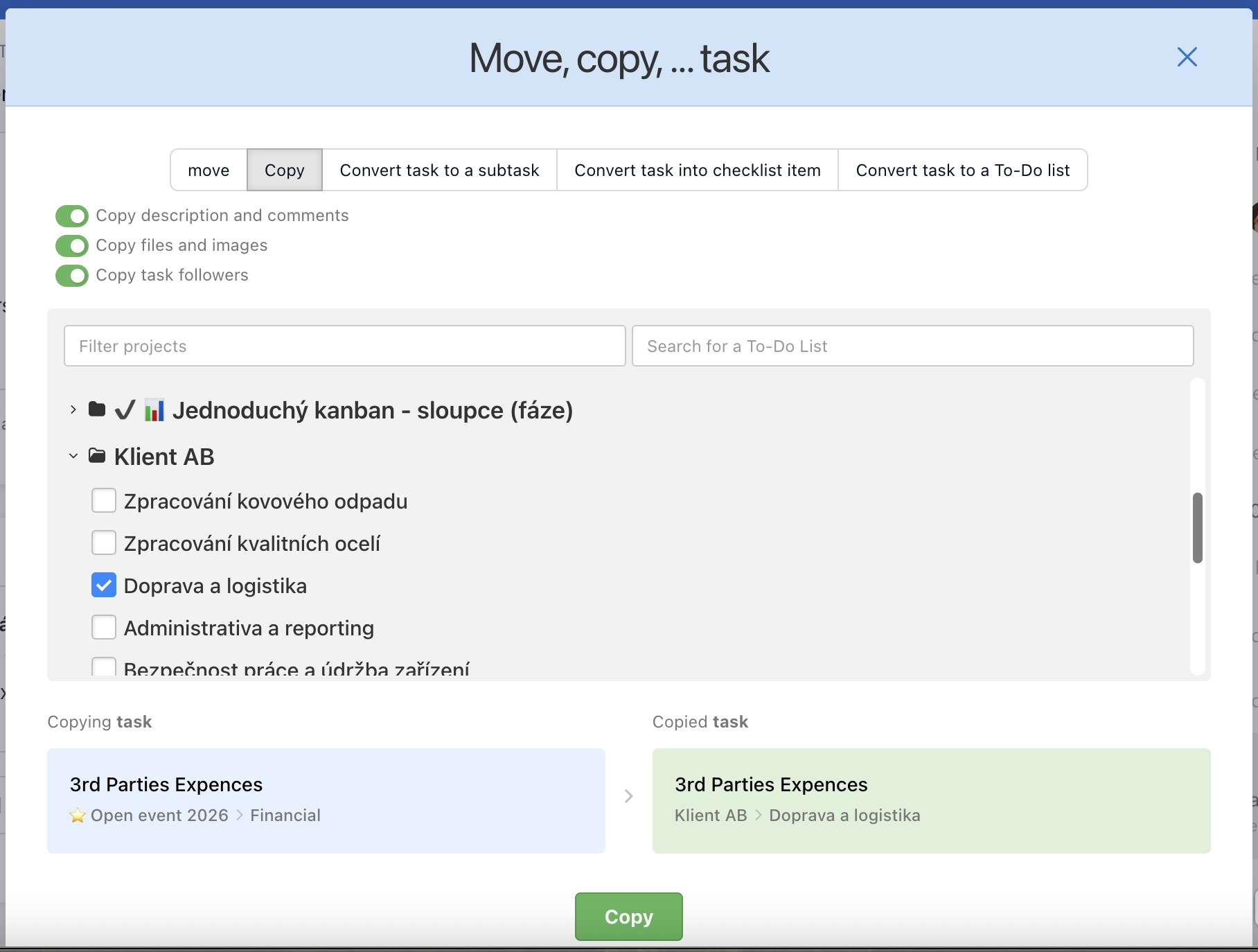 Select project and To-Do list.