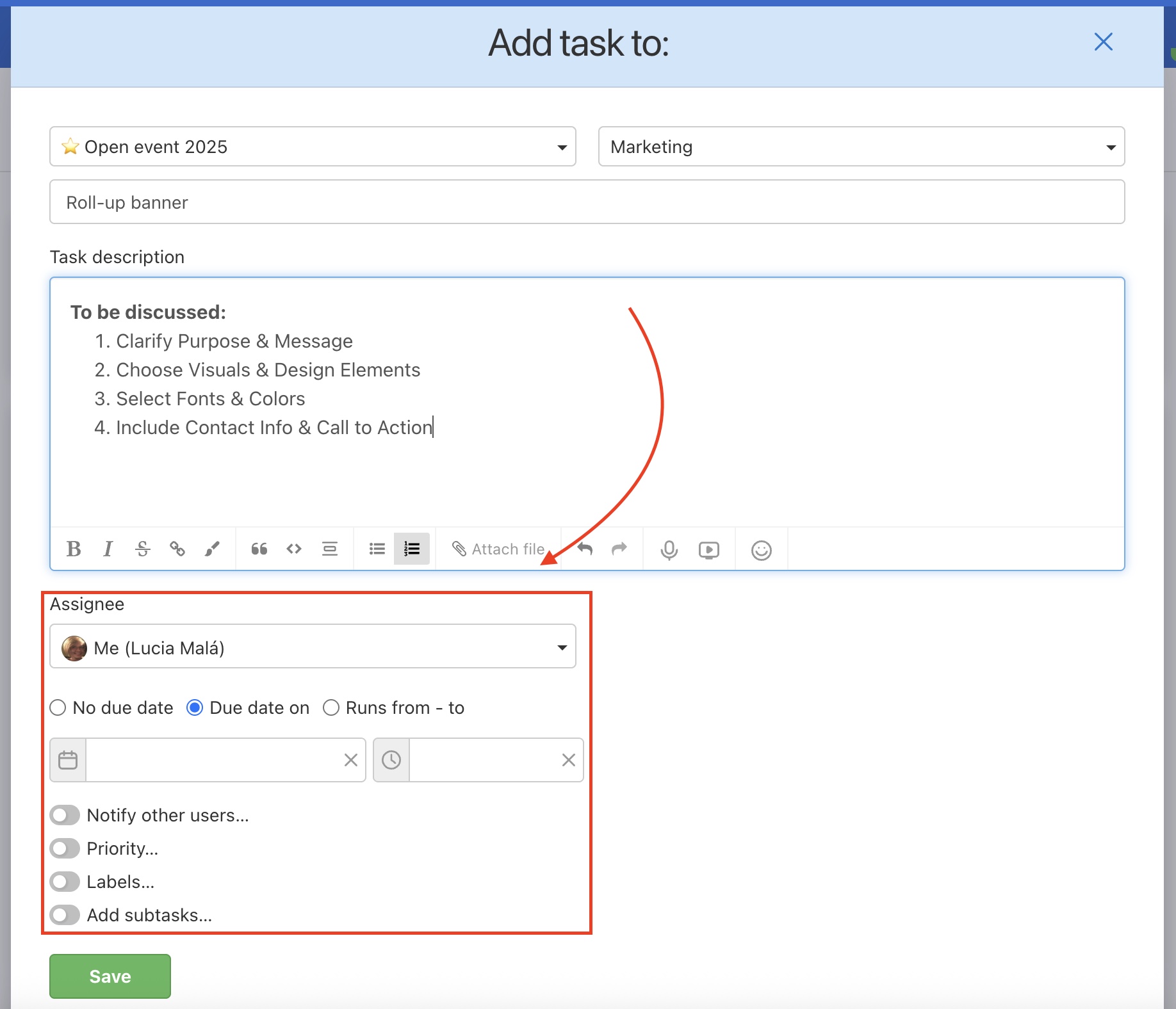Options for a new task in Freelo.