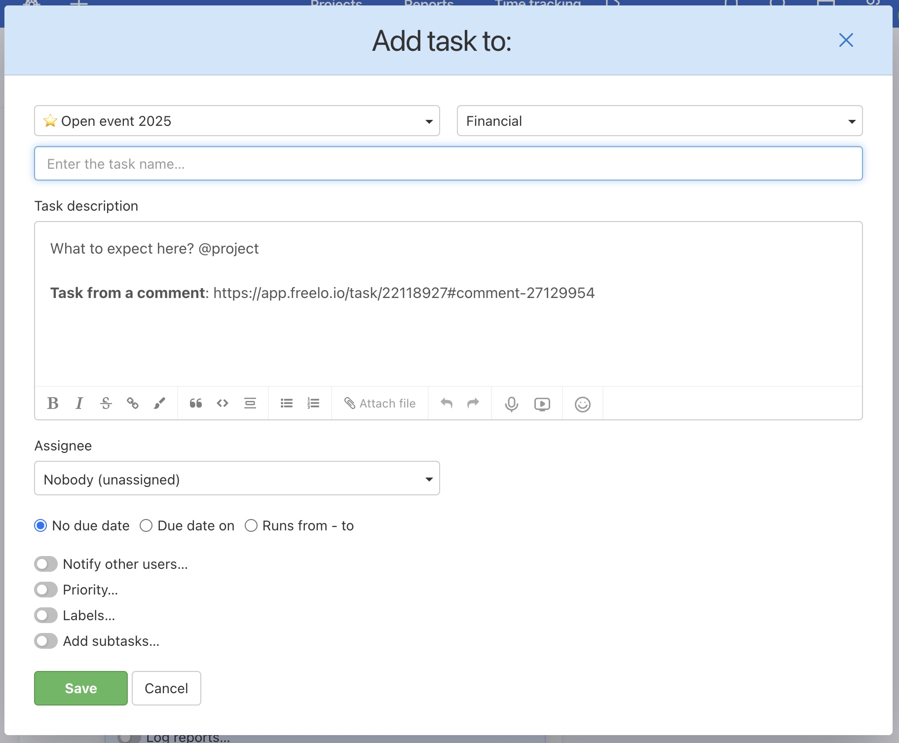Add all the details you need within the task and confirm via Save button.