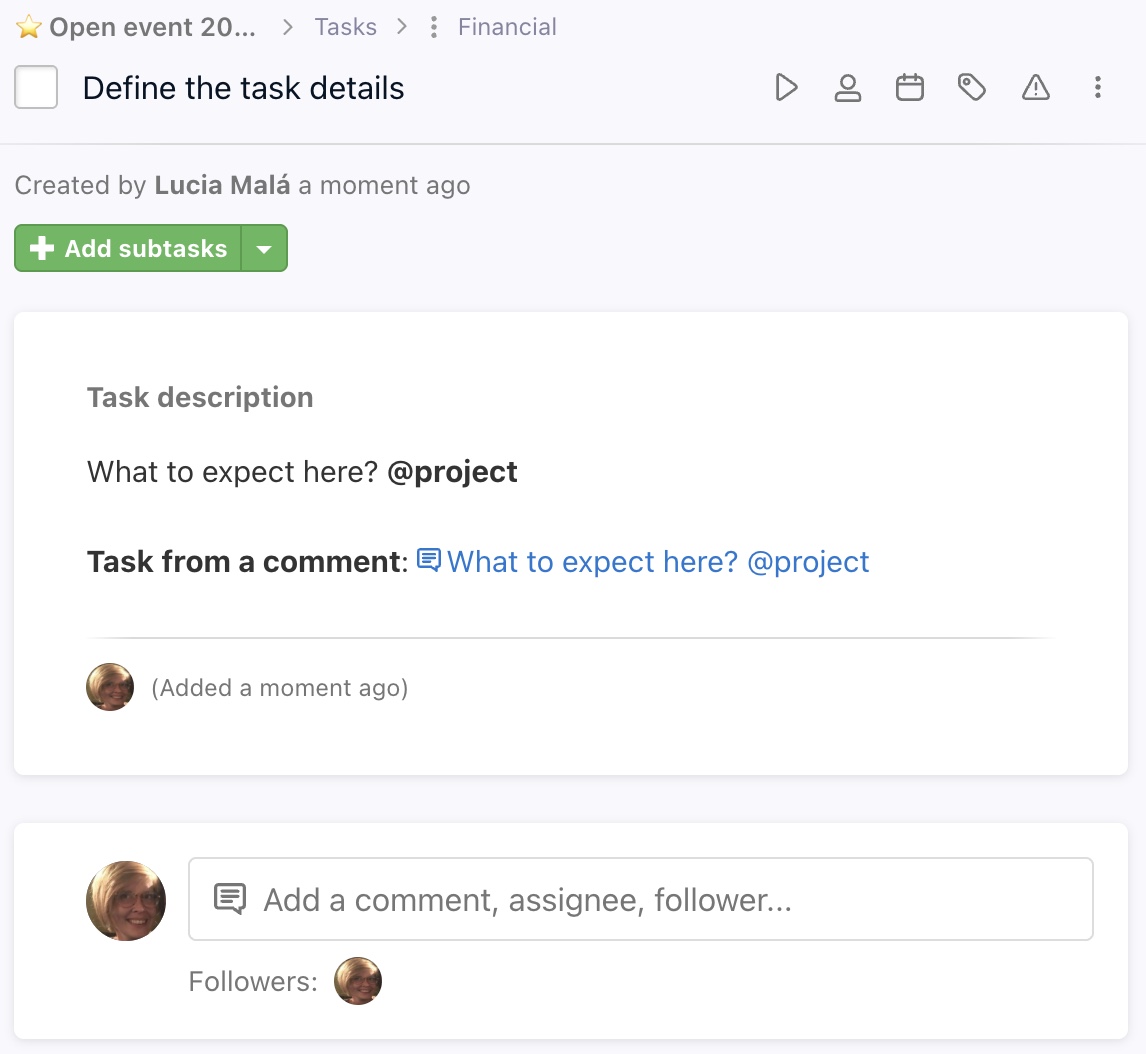 Example of a task created from a comment.