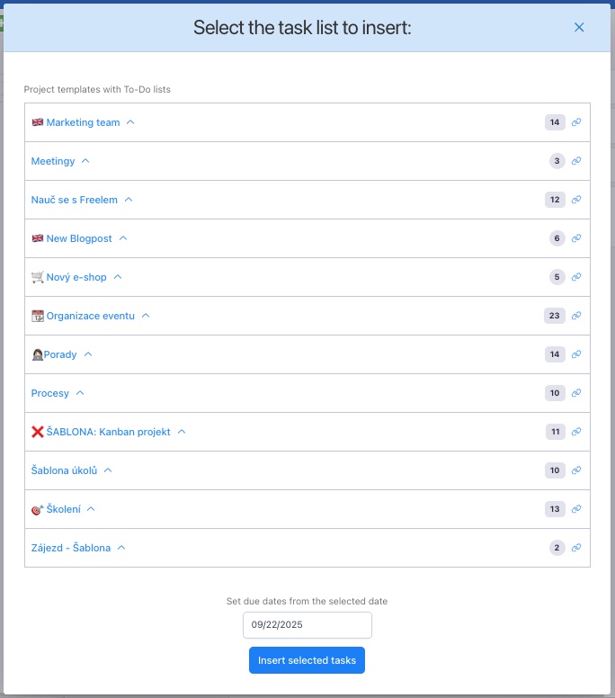 A list of project templates with predefined tasks.