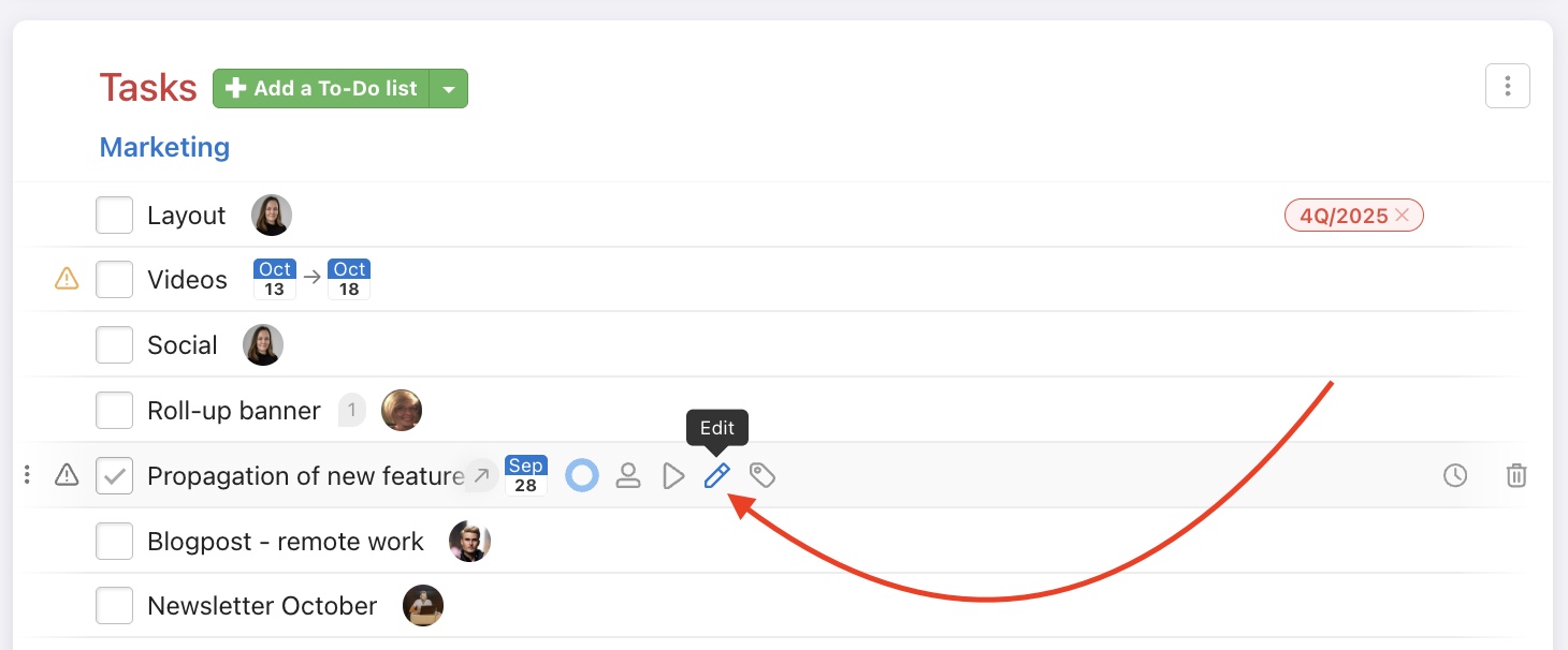 How to edit a task using the pencil icon.