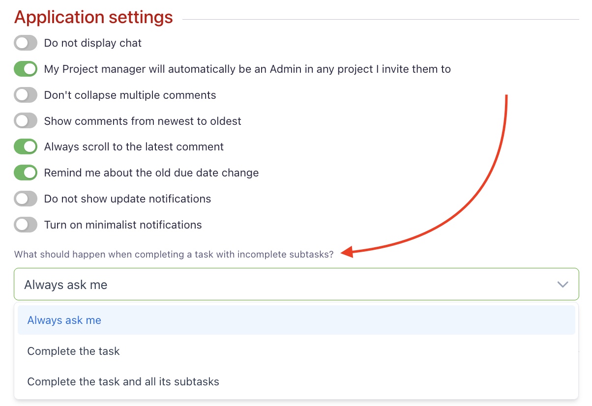 Personalizing the settings of the unfinished subtasks warning.