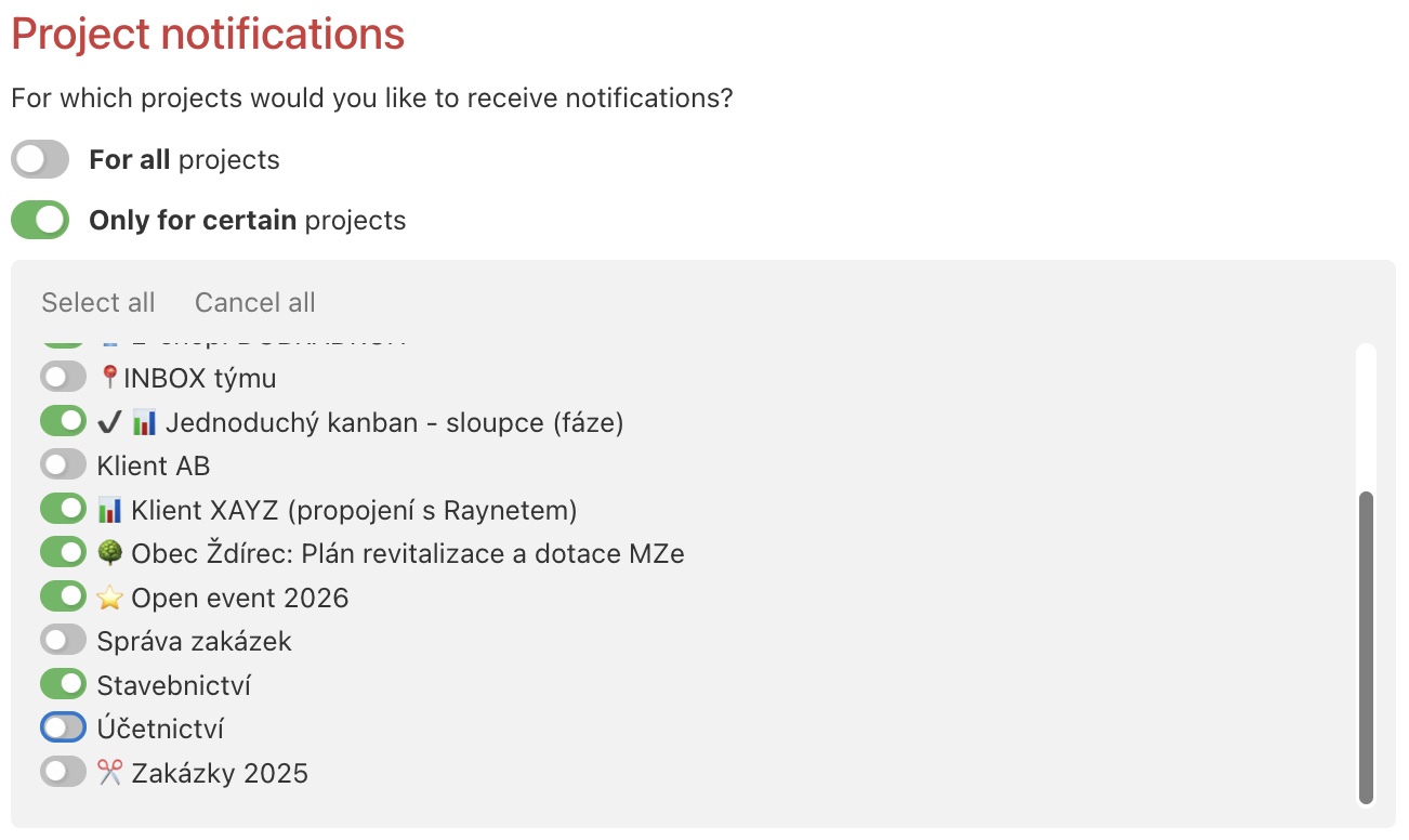 Example of how to set notifications only for selected projects.