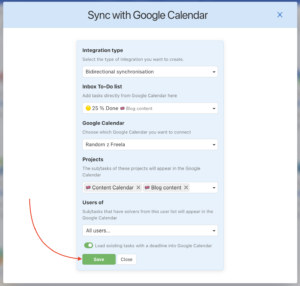 Example of setting up Freelo synchronization with Google Calendar.