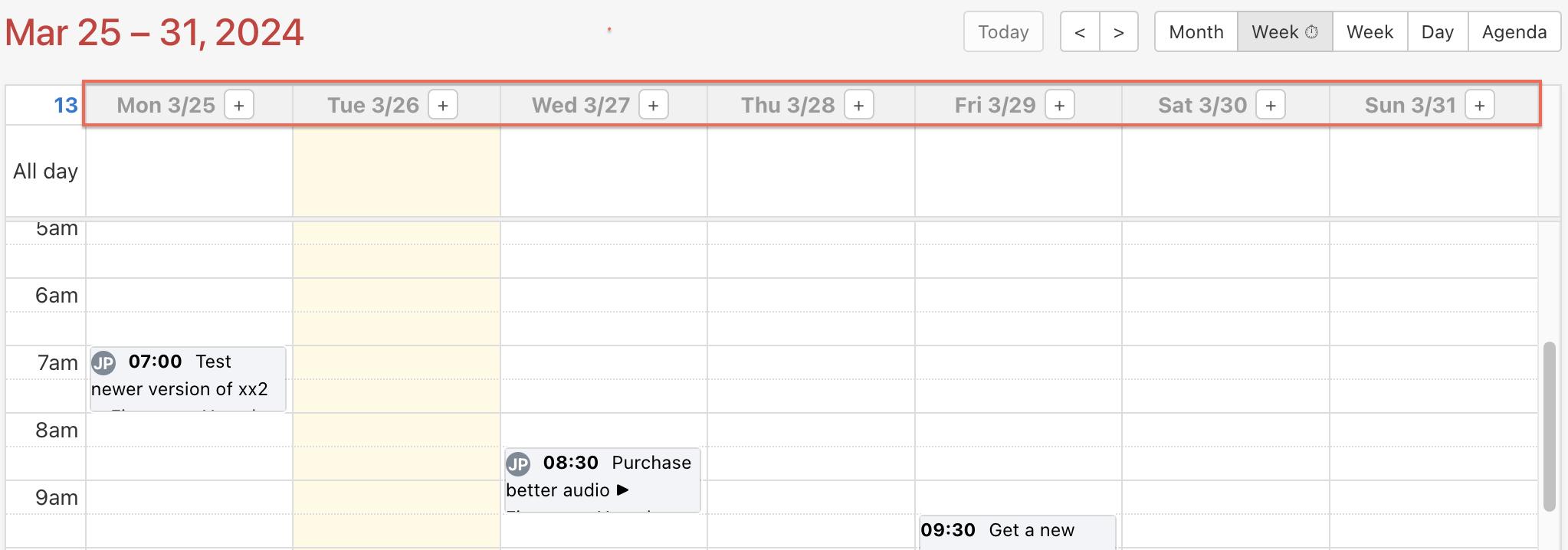 Example how to add a new task in the Calendar via the + button in the weekly view.