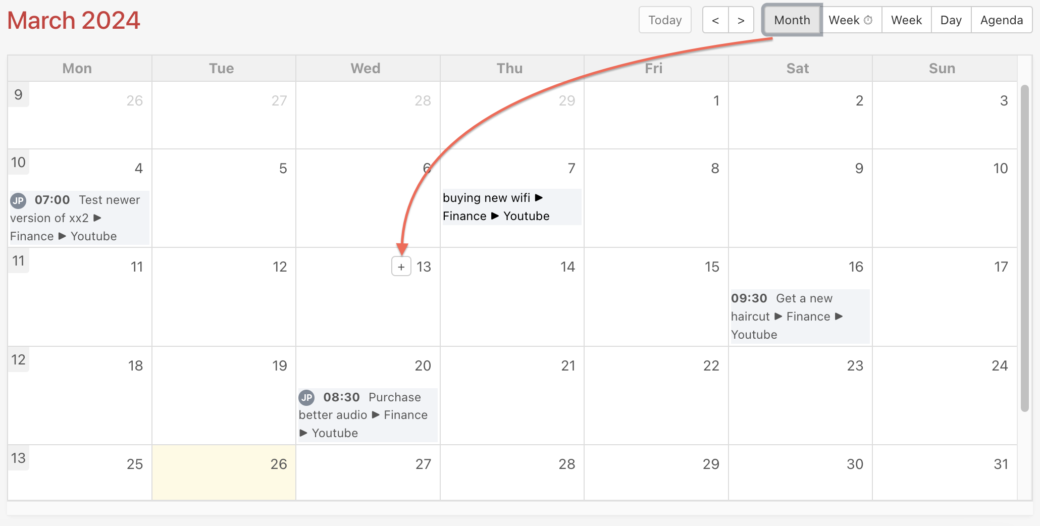 Example how to add a new task in the Calendar via the + button in the monthly view.