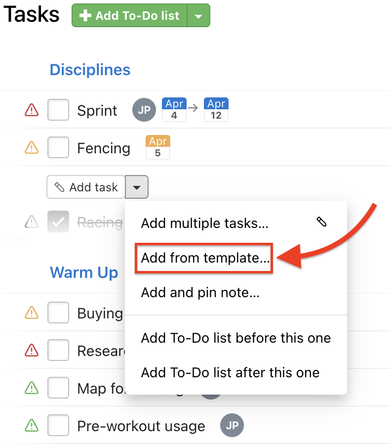 How to add tasks from a project template.