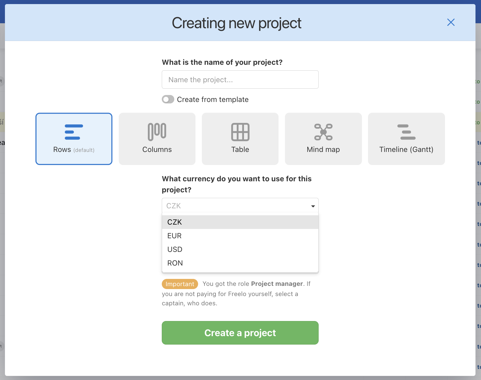 Select the correct currency for your project.