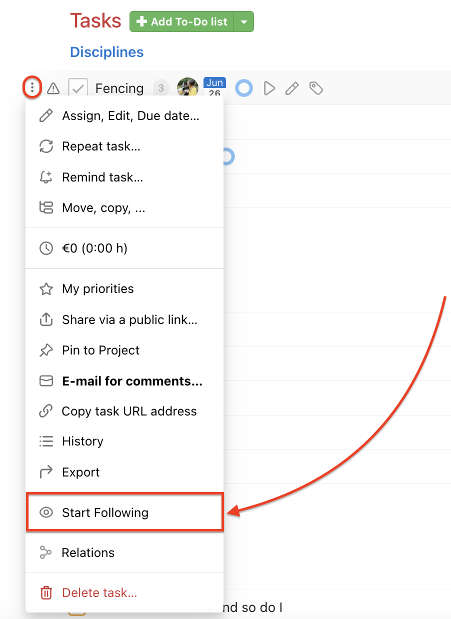 Start following a task via three-dot menu.