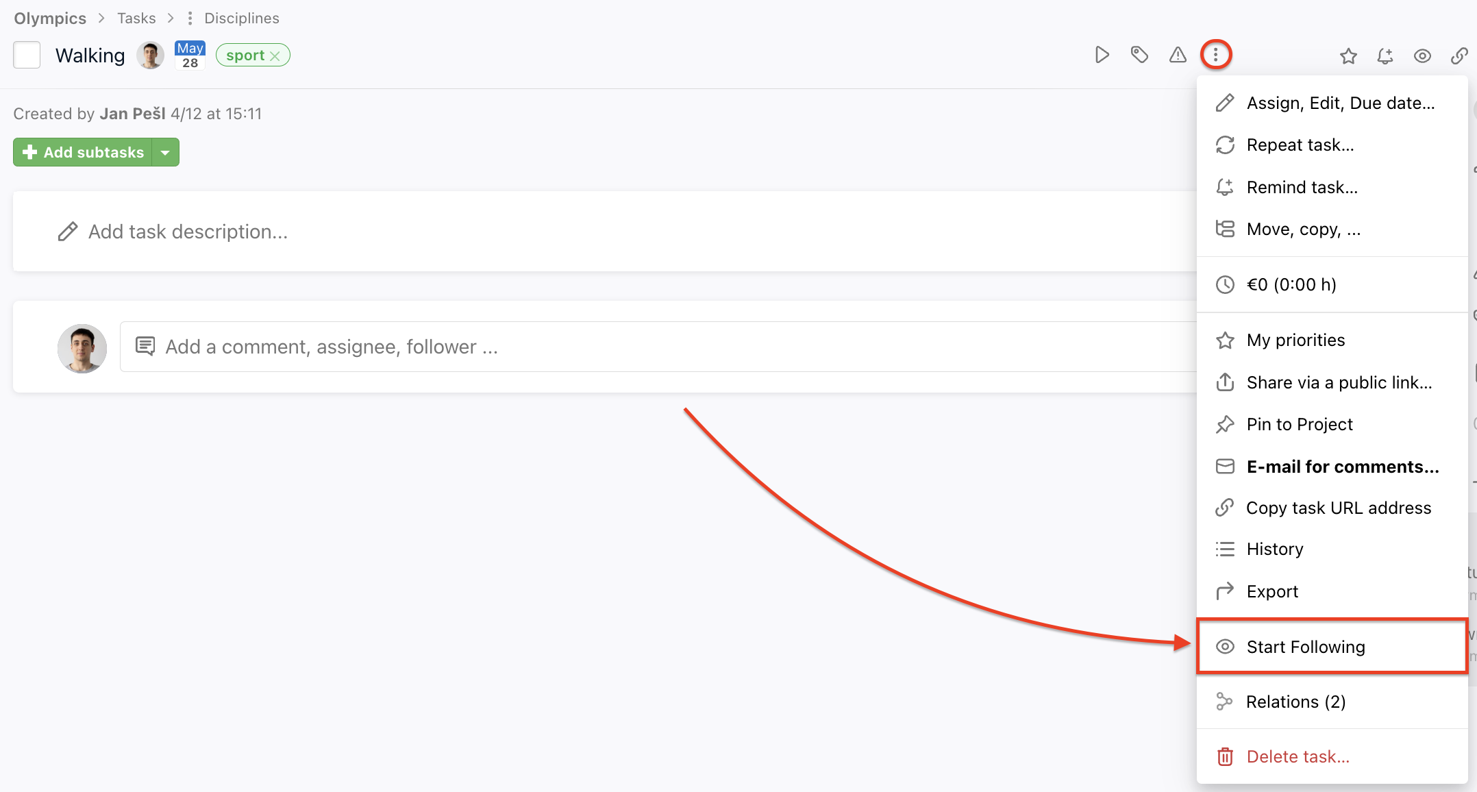 How to start following a task from task detail.