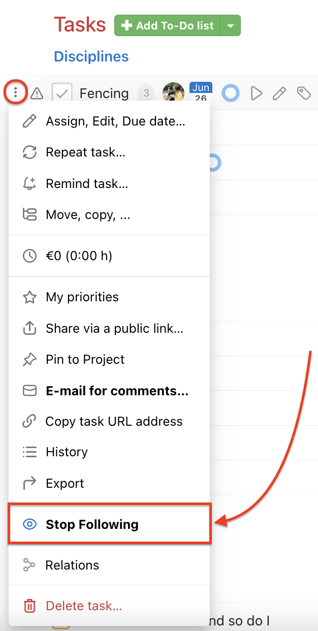 How to unfollow a task on the To-Do list detail.