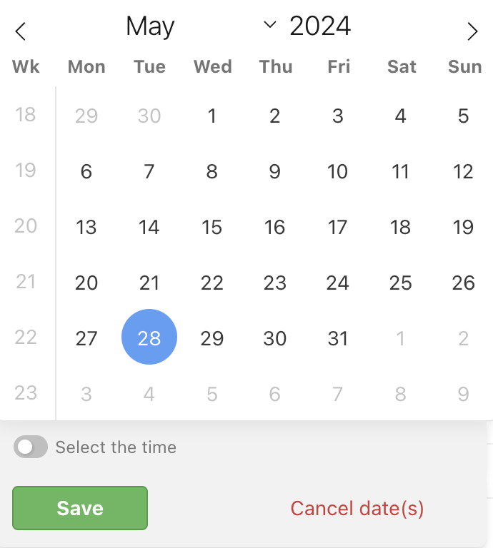 Sample calendar when setting the project final date.