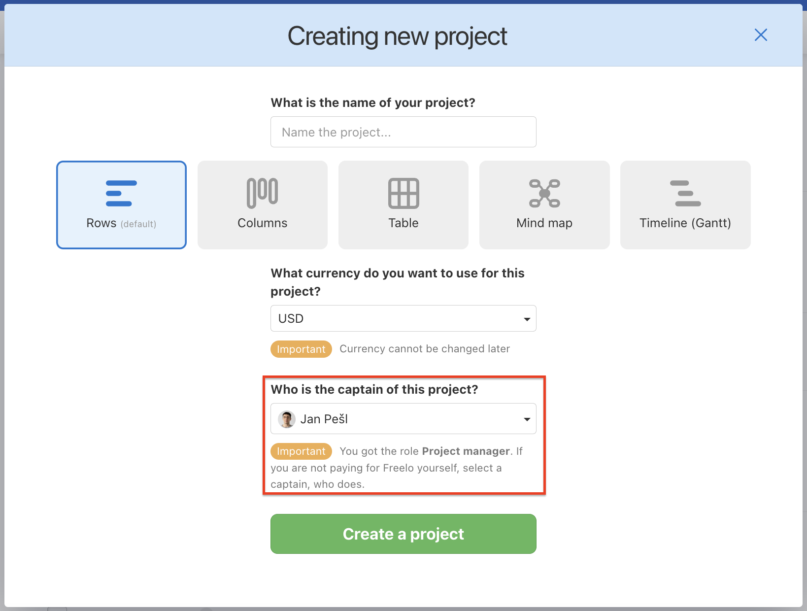 How to create a project as the Project manager.