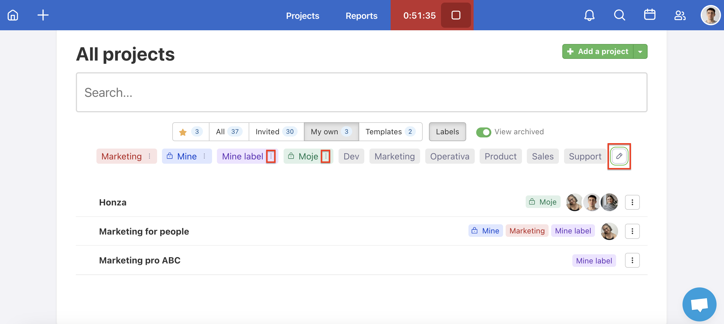 Editing Project label on All projects page.