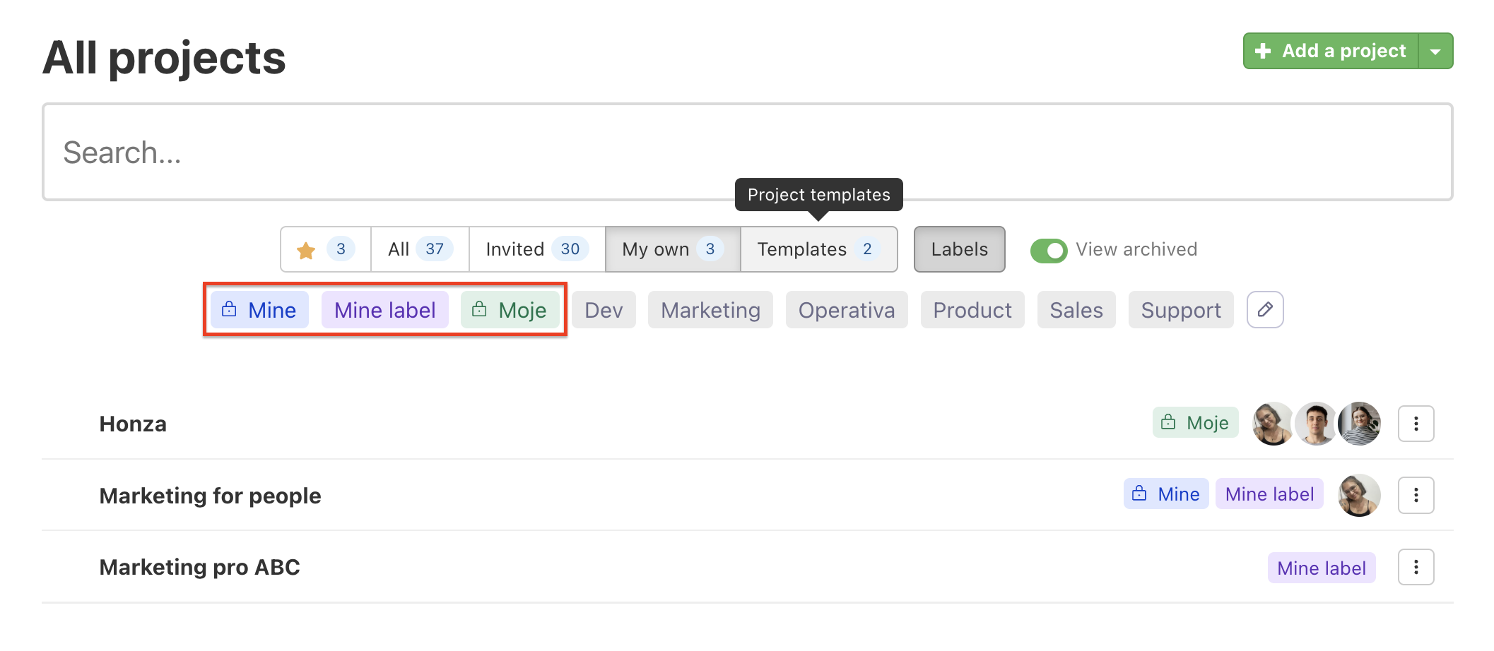 Filtering with Project labels in All projects overview.