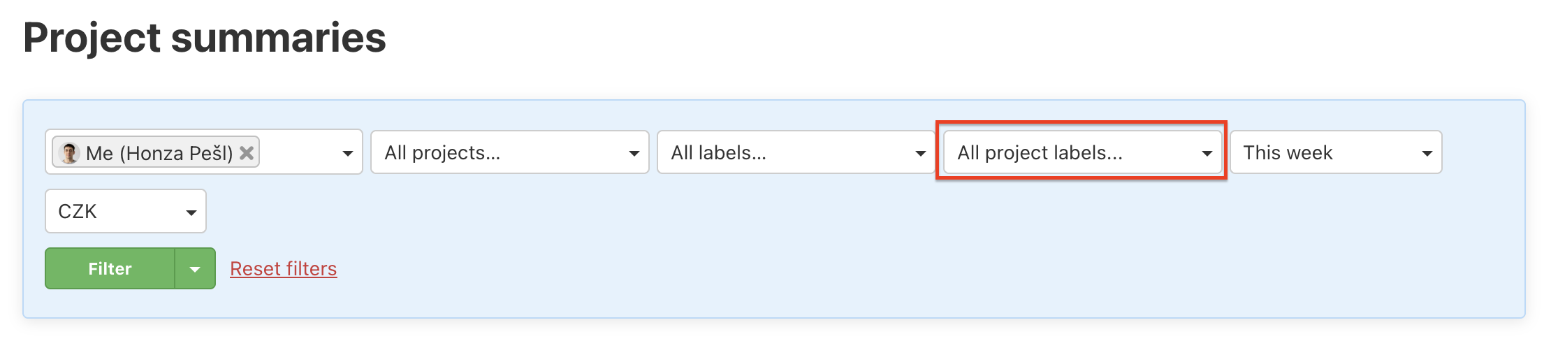 Filtering with Project labels on Summaries page.