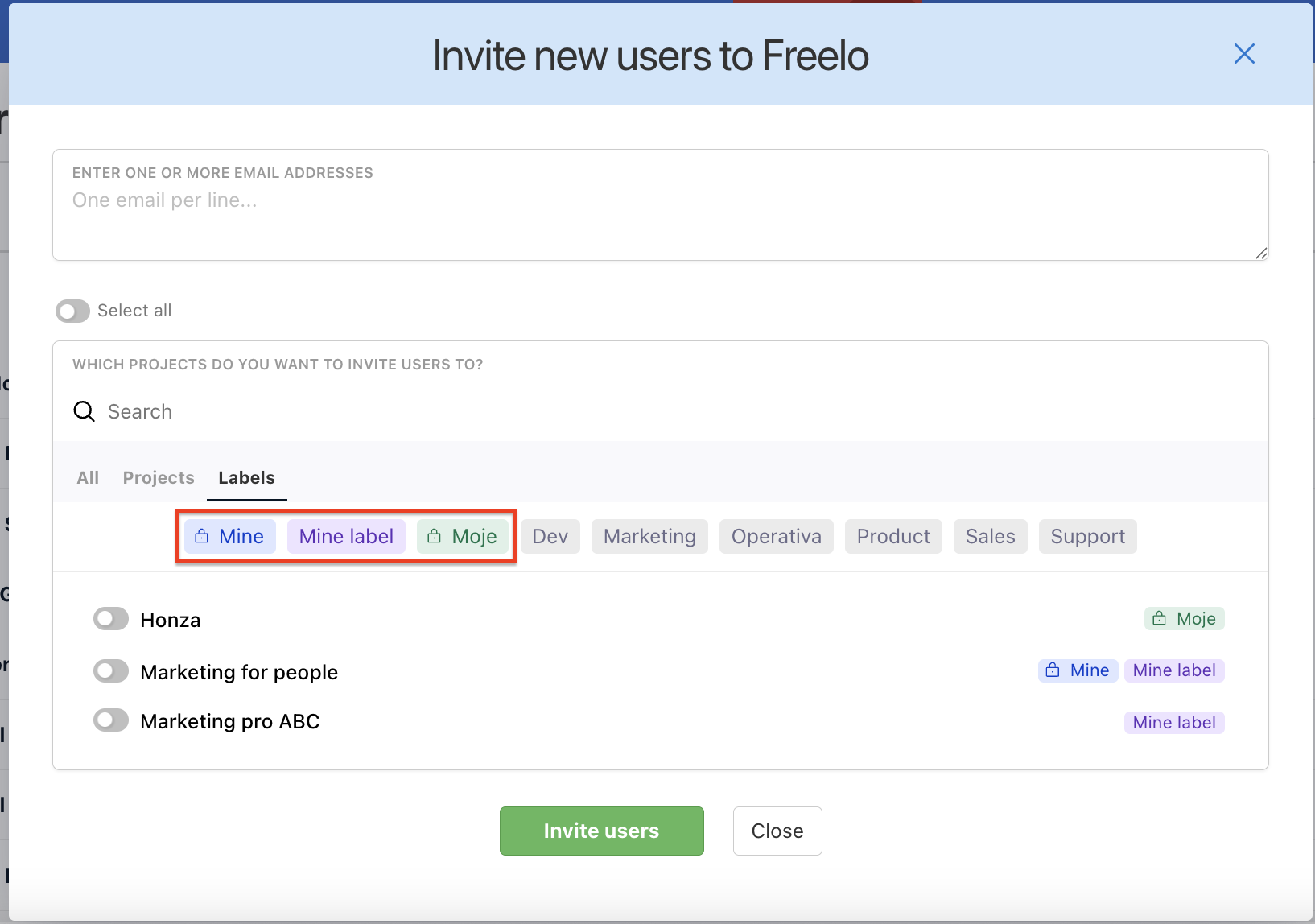 Filtering with Project labels while inviting new users.