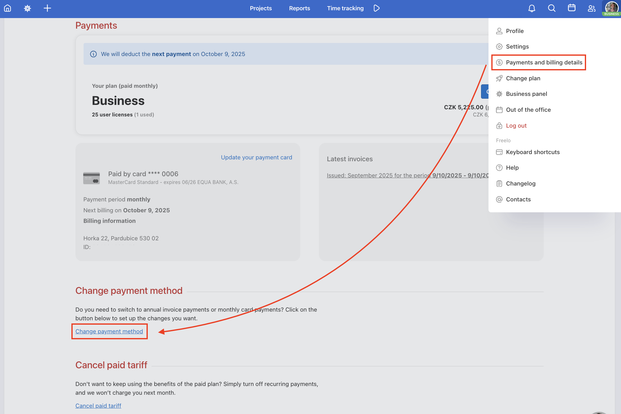 How to change paid plan in Freelo.