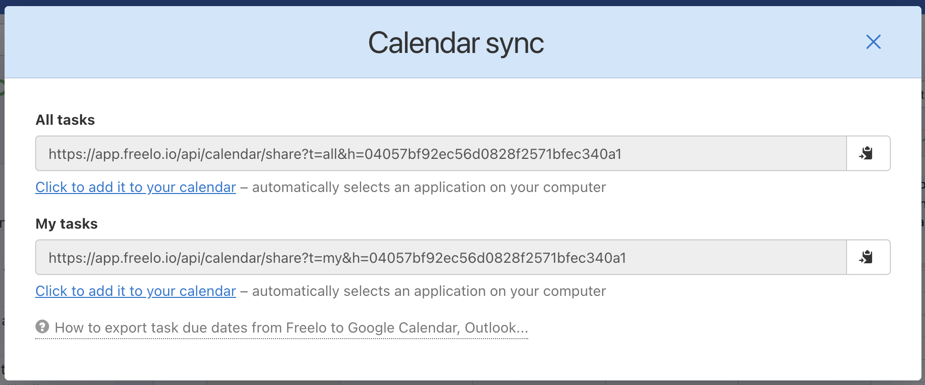 Copy the URL to export the due dates.