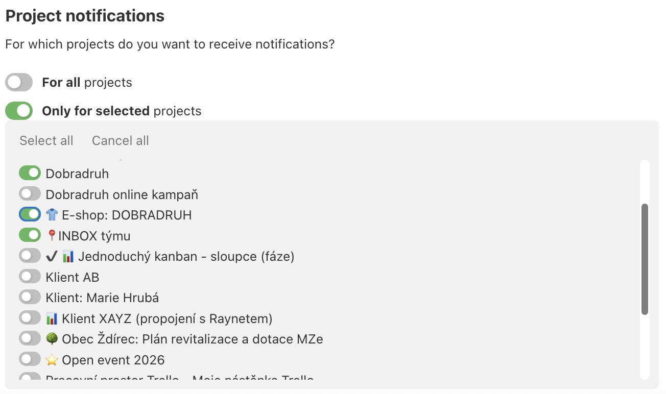 Example of how to set up notifications only for particular projects.