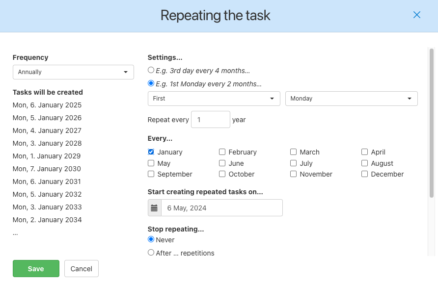 How to set up annually repeated tasks.