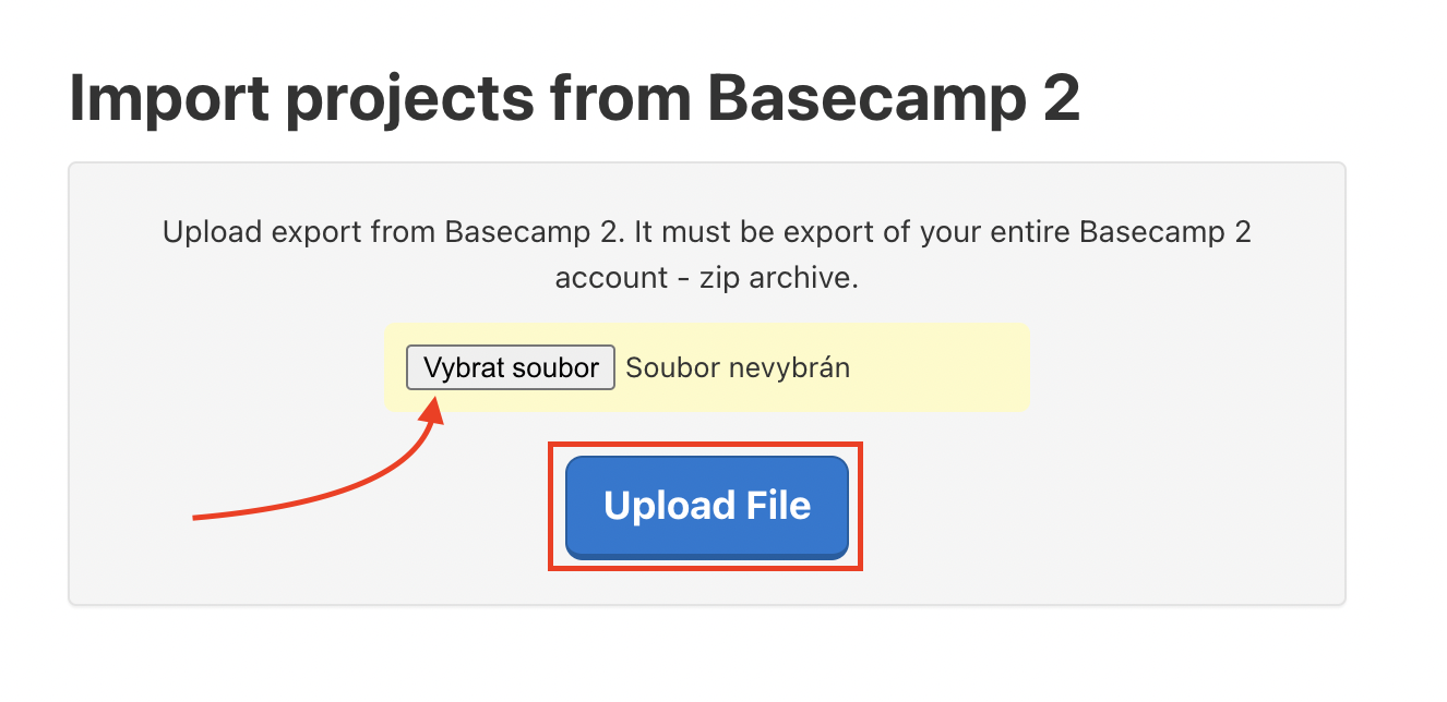 Upload zip file exported from Basecamp 2.