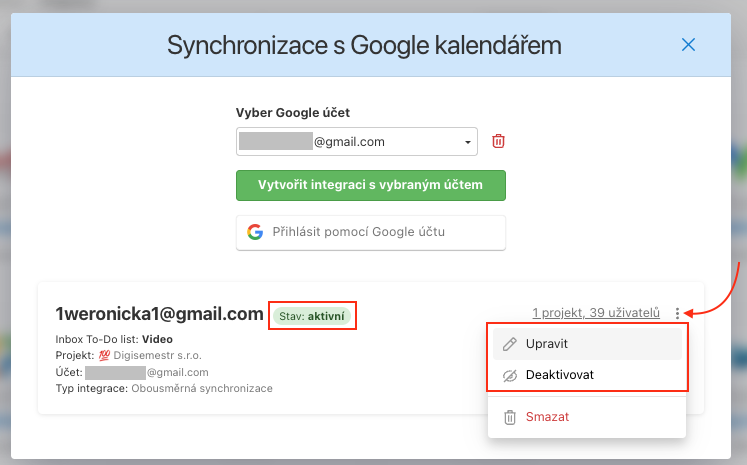 Přes trojtečkové menu můžeš nastavení synchronizace upravit, deaktivovat a smazat