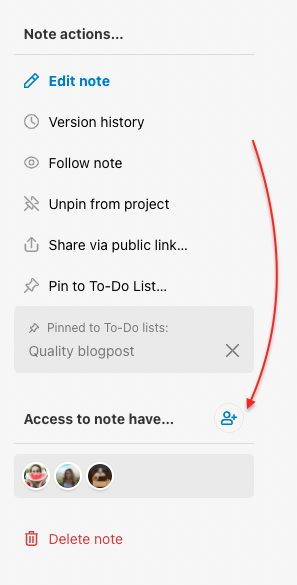 Set up user access to the note in the right menu.