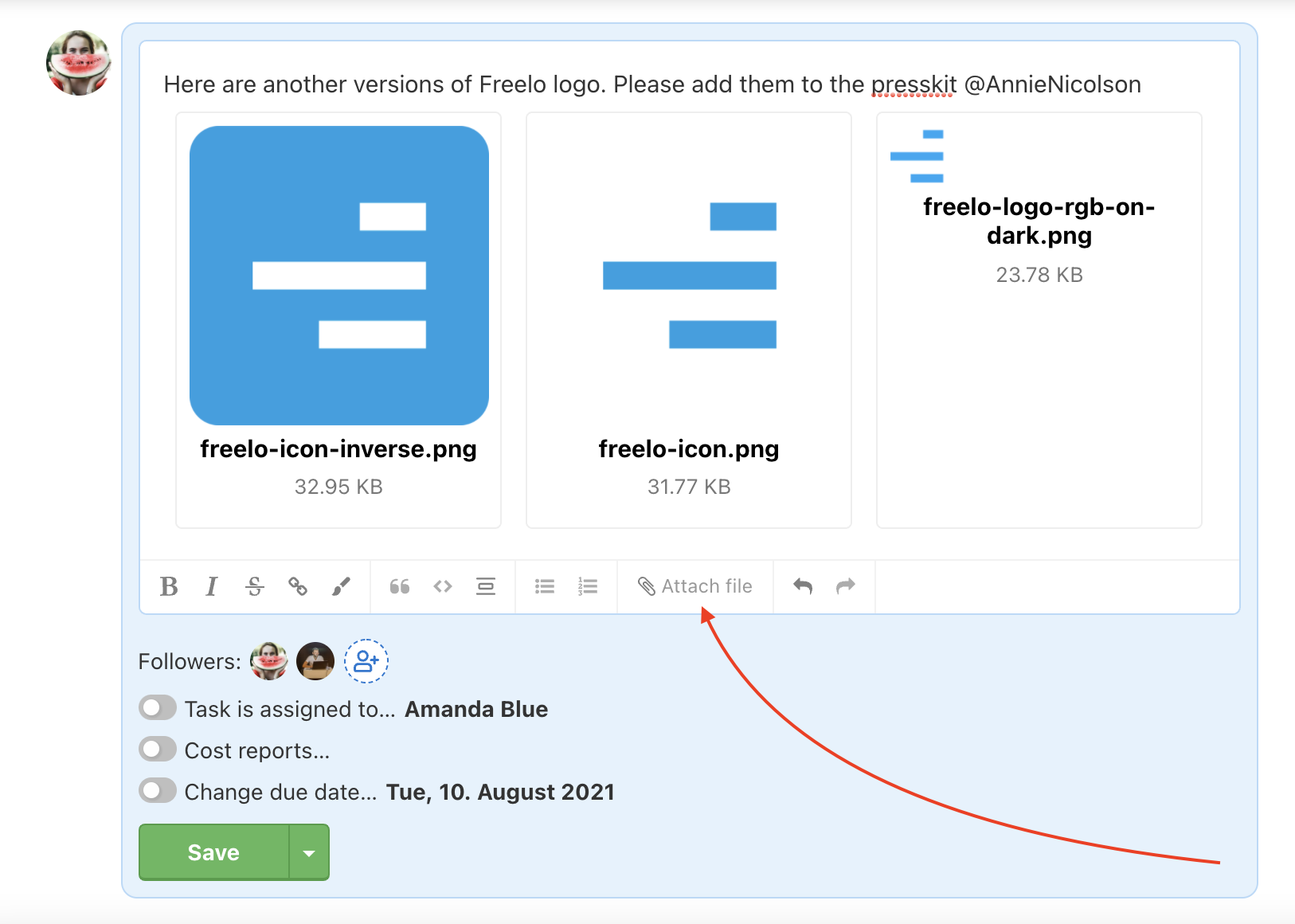 Example how to add file to a comment in Freelo.