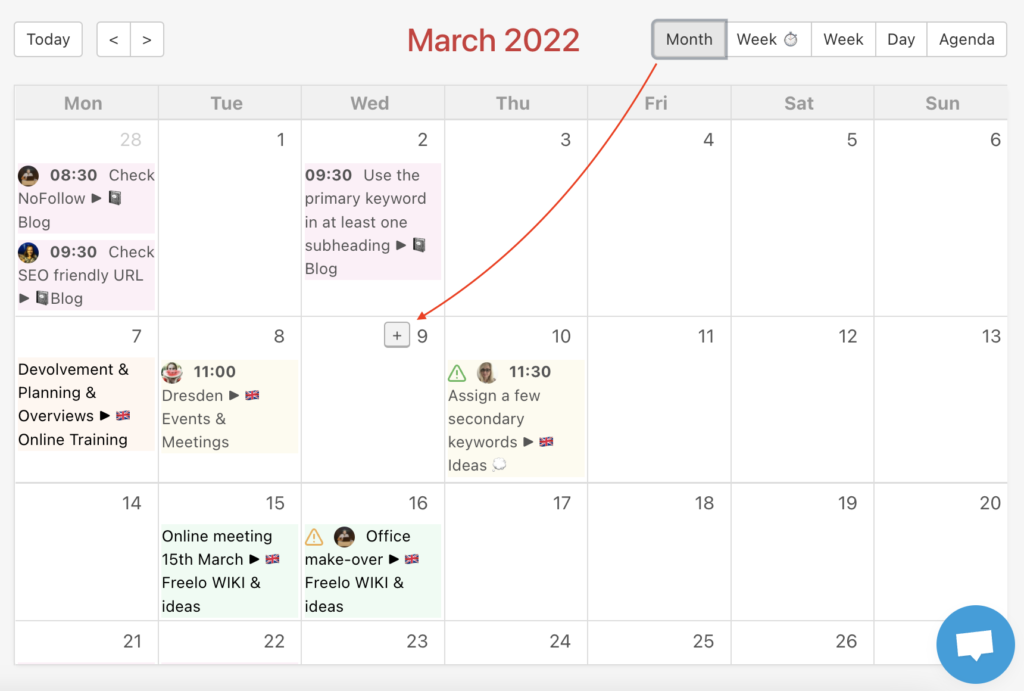Example how to add a new task in the Calendar via the + button in the monthly view.