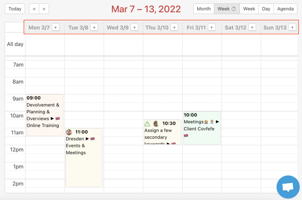 Example how to add a new task in the Calendar via the + button in the weekly view.