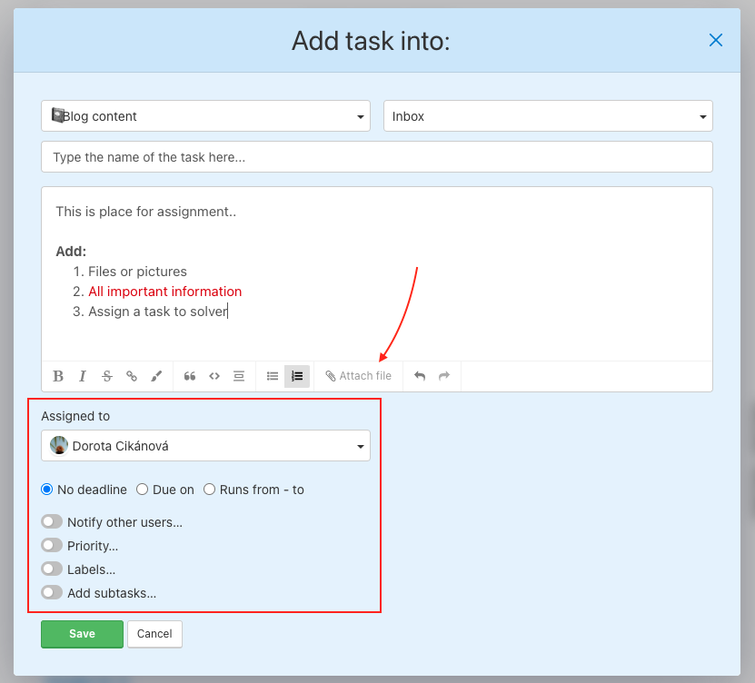 Form for adding task in Freelo.
