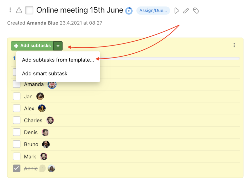 Sample how to add subtasks from a template to a superior task.