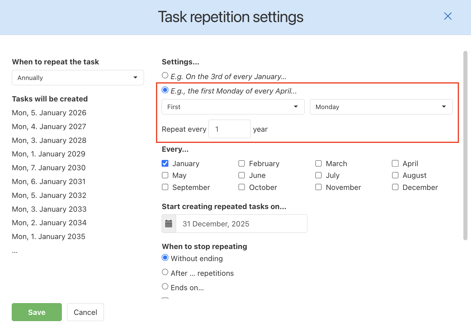 How to set up annually repeated tasks.