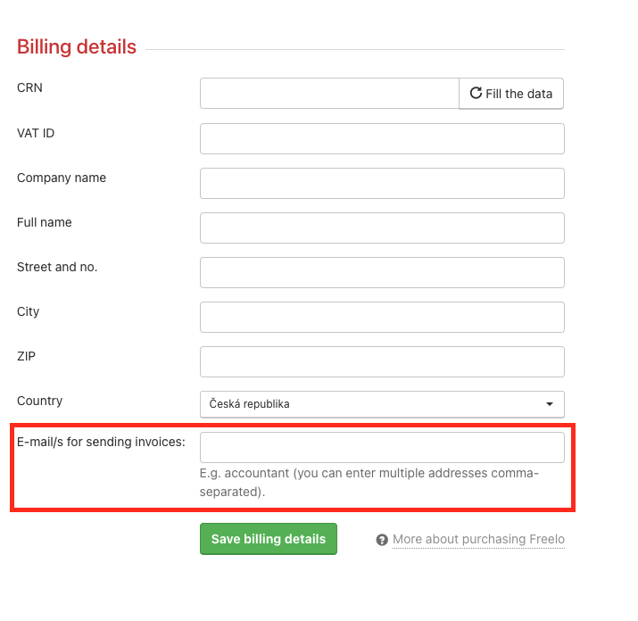 Example of how to enter e-mail for sending invoices. 