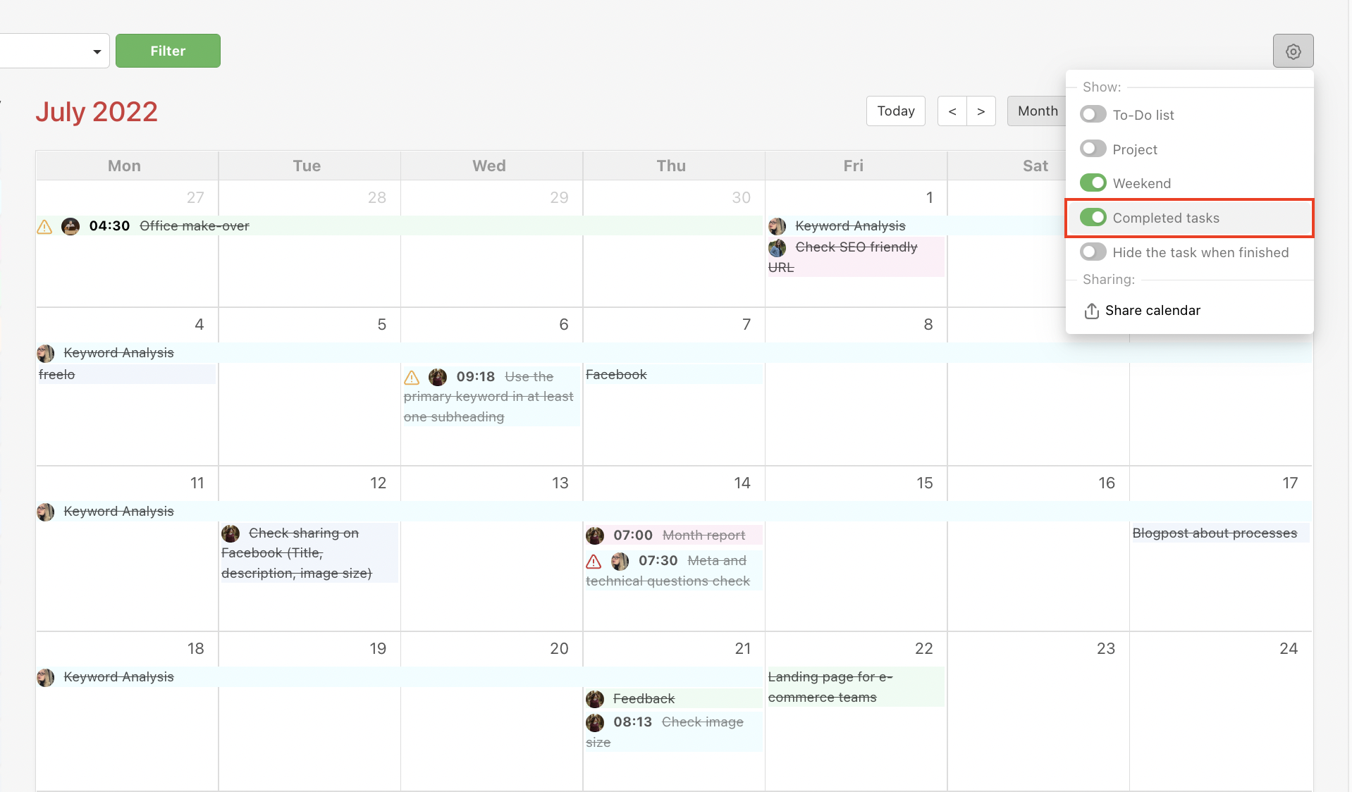 Example of a monthly calendar where there are many completed sub/tasks.