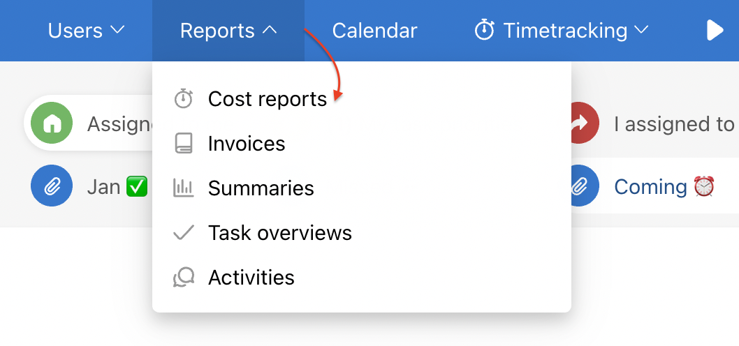 Cost reports overview is in section Reports.