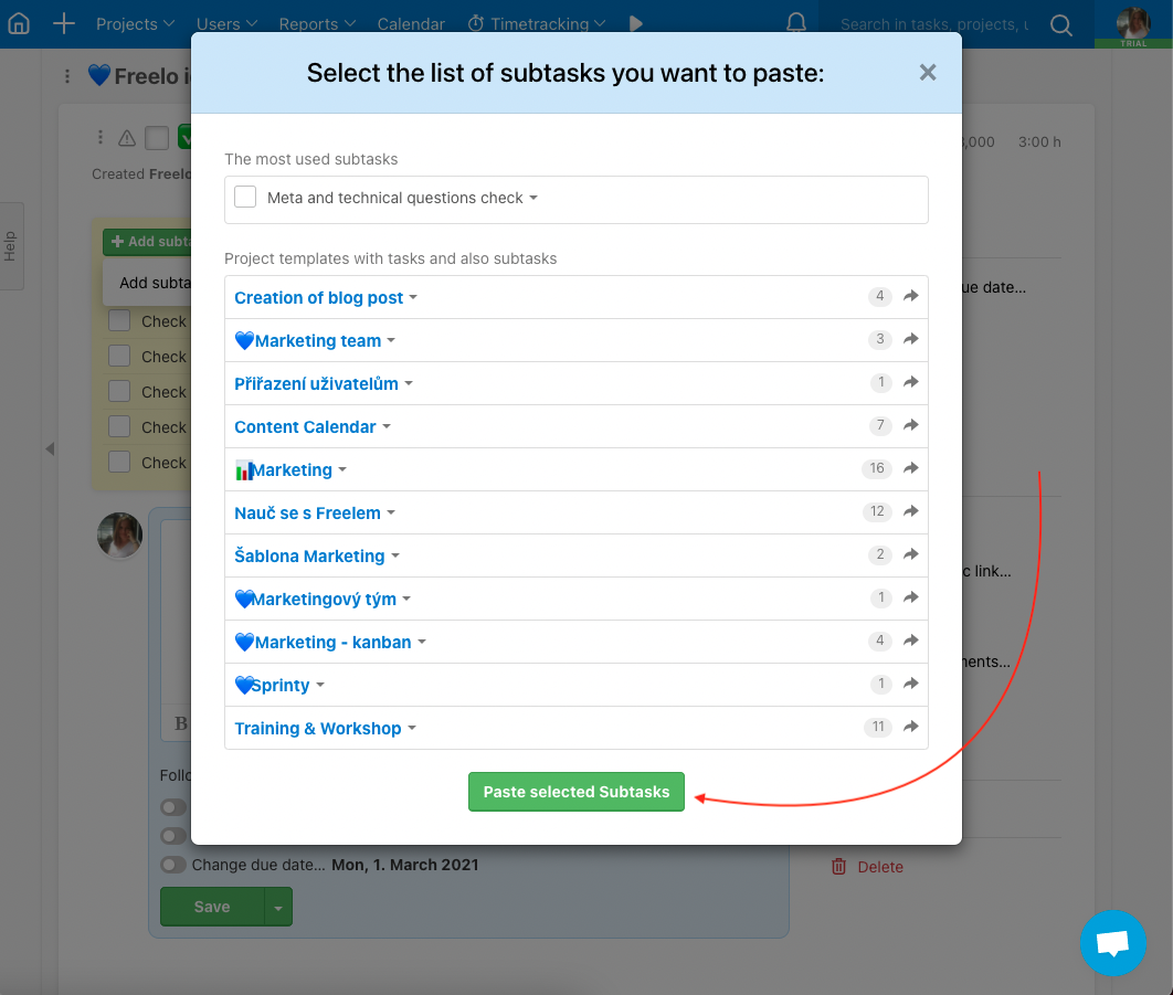 Add multiple subtasks from a project template.