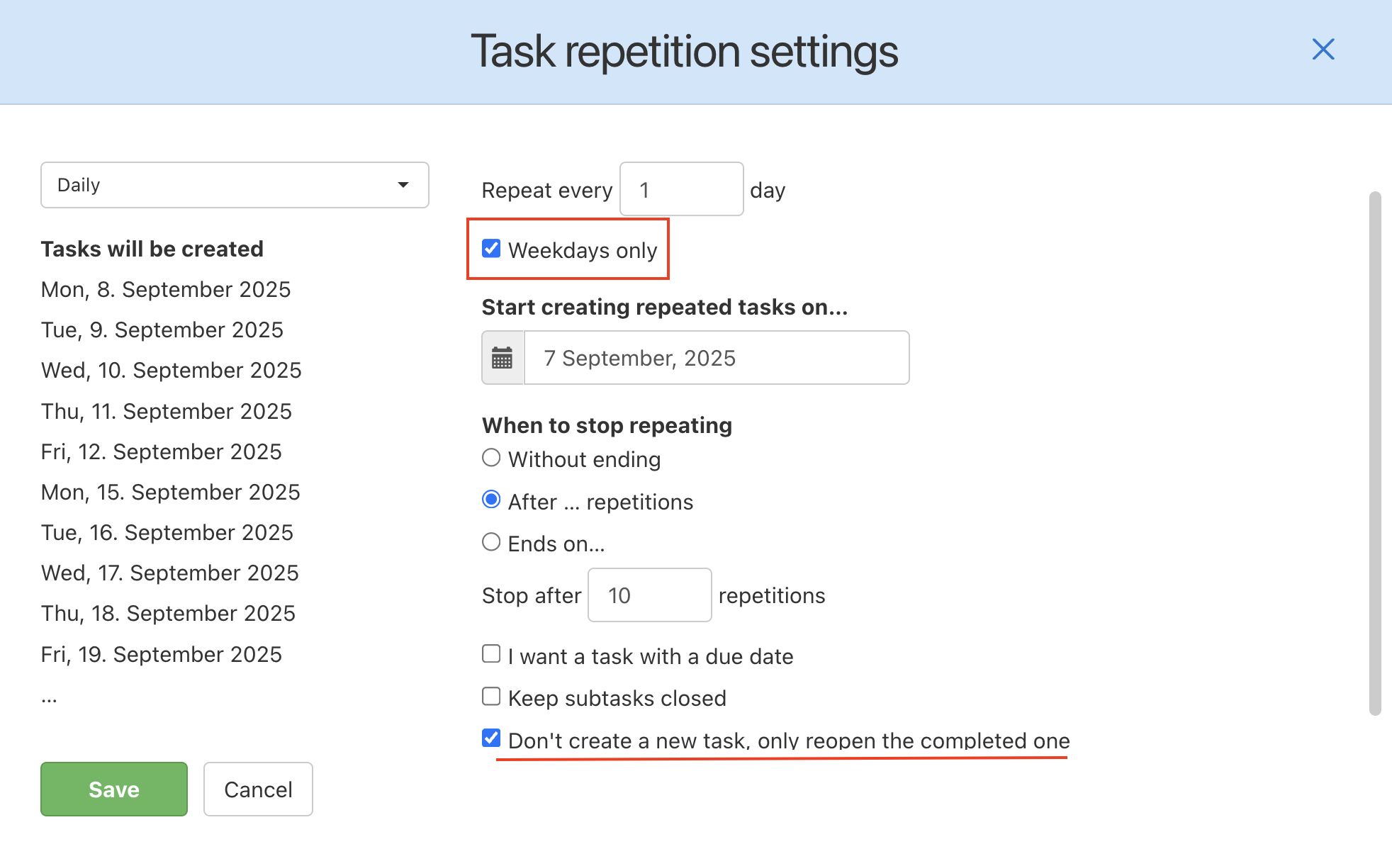 How to set up a repeated task for every weekday.