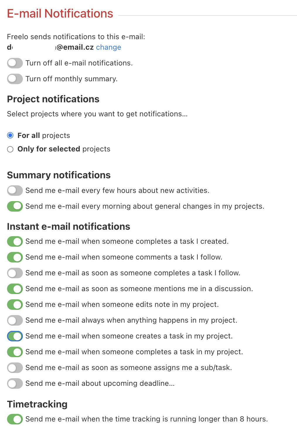 E-mail notification setup options.